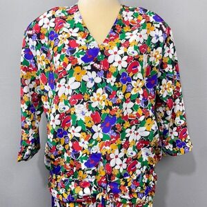 Vintage Cos Cob Floral Dress Size L Colorful Flowers Tie Waist Retro 2 Piece Set